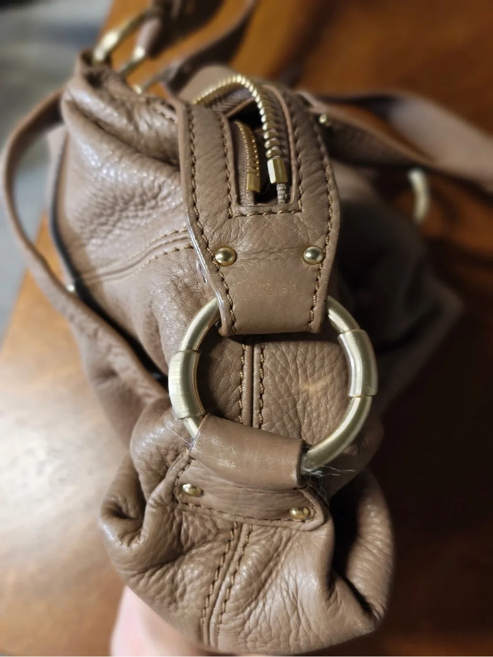 Michael Kors Taupe Leather Shoulder Bag with Buckle Accents